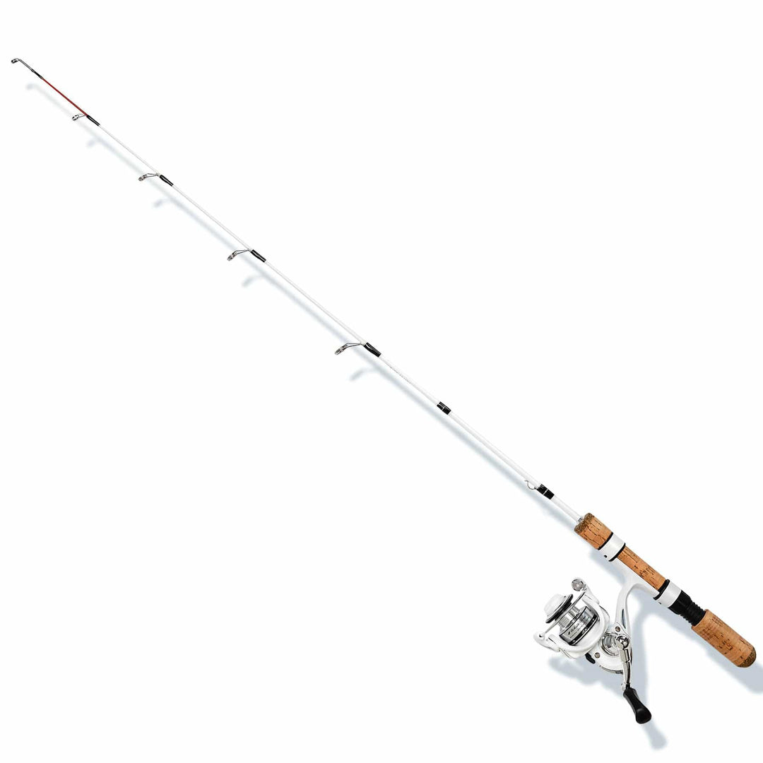 Favorite Fishing White Bird Ice Combo 26-28-inch ultra-light combo with rod and reel for ice fishing in a winter setting.