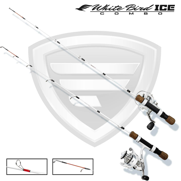 Favorite Fishing White Bird Ice Combo 30-32" with rod and reel, designed for ice fishing in a durable combo setup.