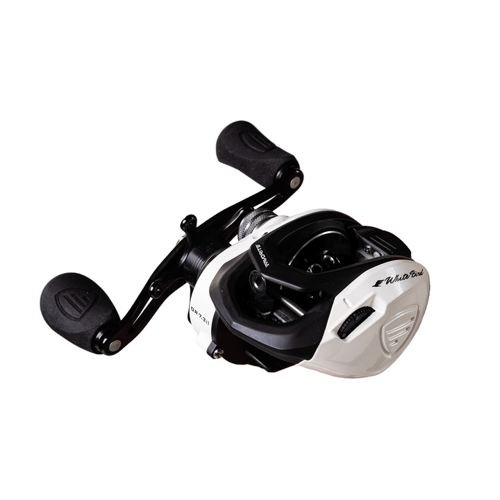 Favorite Fishing White Bird Casting Reel in retail packaging, showcasing the fishing reel with a white finish and detailed components.