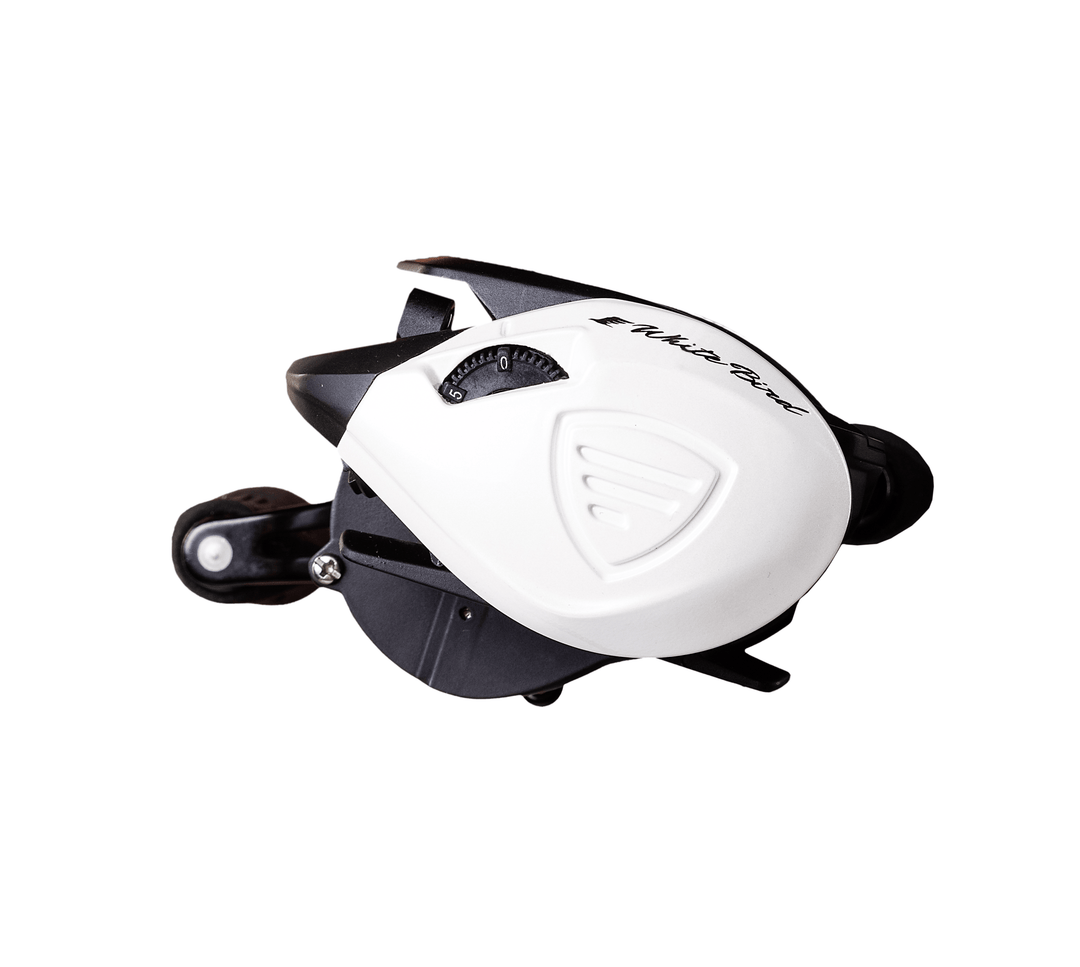 Favorite Fishing White Bird casting reel in retail packaging, showcasing the fishing reel and branding on the box.