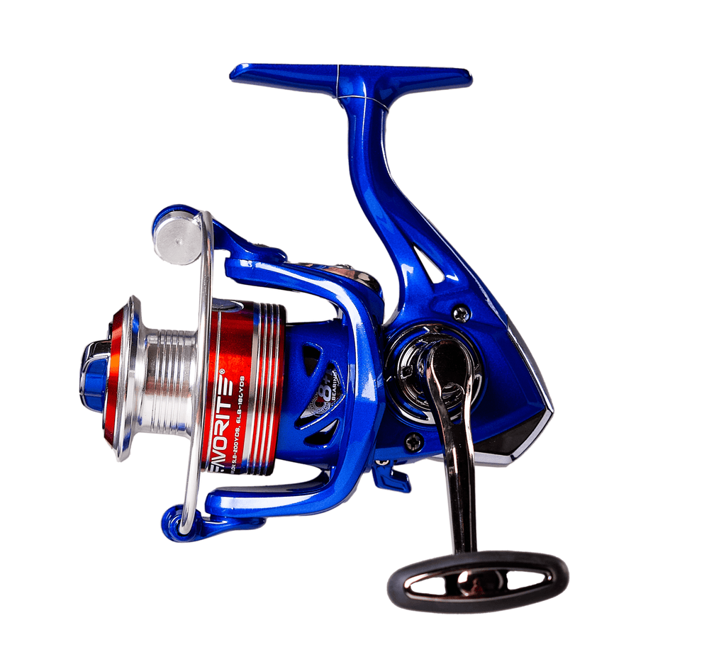 Favorite Fishing Defender Spinning Reel in retail packaging, compact design with handle and spool visible on the box.