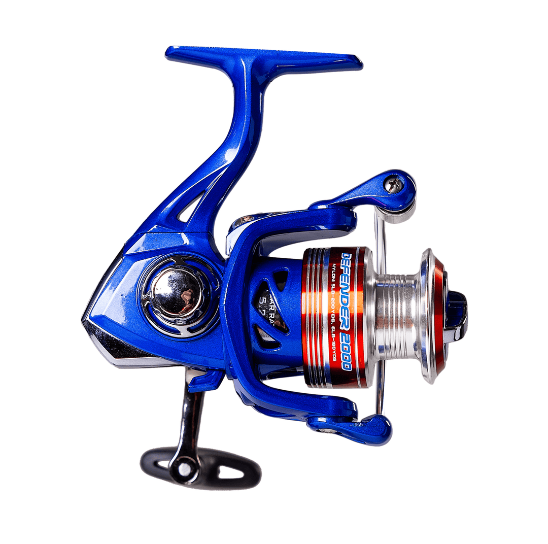 Favorite Fishing Defender Spinning Reel in retail packaging, compact design with metal handle and spool for freshwater fishing.
