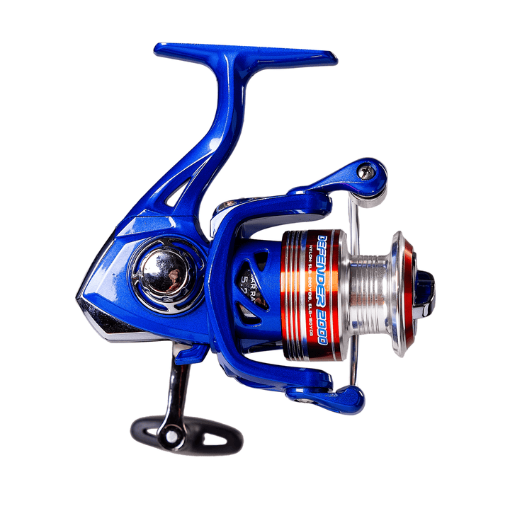 Favorite Fishing Defender Spinning Reel in retail packaging, compact design with metal handle and spool for freshwater fishing.