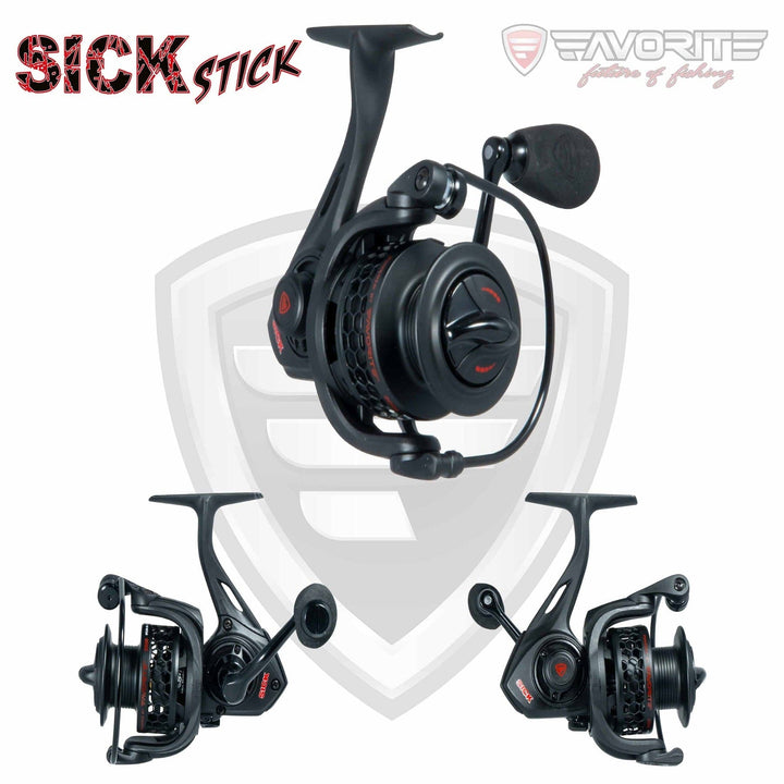 Favorite Fishing Sick Stick spinning reel with metal body, spool, and handle, designed for smooth fishing performance.