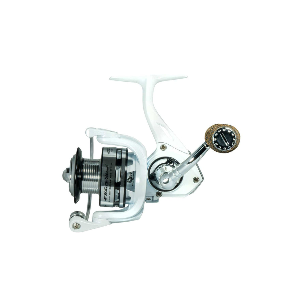 Favorite Fishing White Bird Spinning Reel showing a sleek white fishing reel with handle and spool for freshwater or saltwater use.