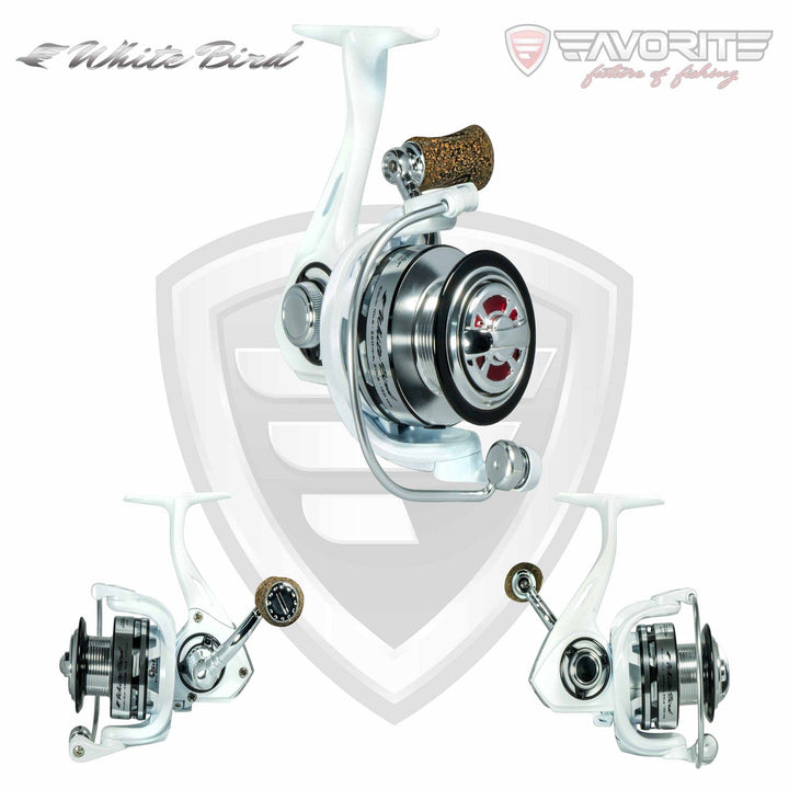 White Bird spinning reel by Favorite Fishing, close-up of the compact, lightweight fishing reel with handle and spool.