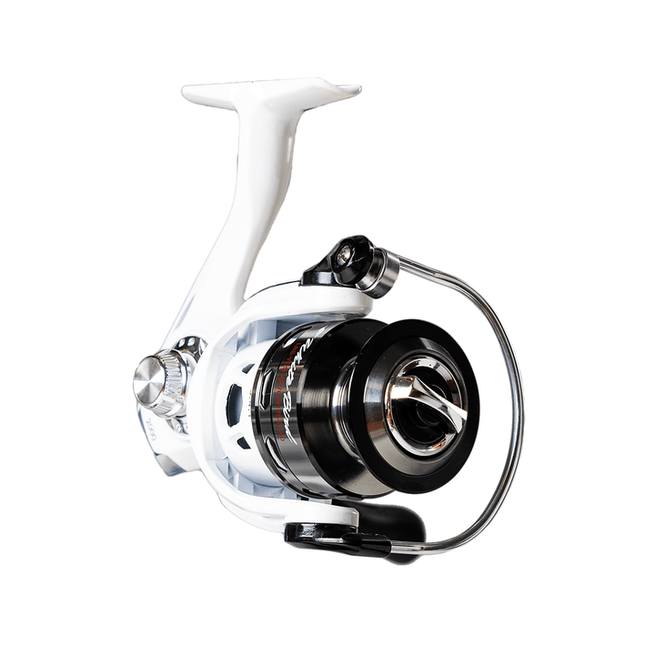 Favorite Fishing White Bird spinning reel in retail packaging, showcasing its compact design and high-quality construction.