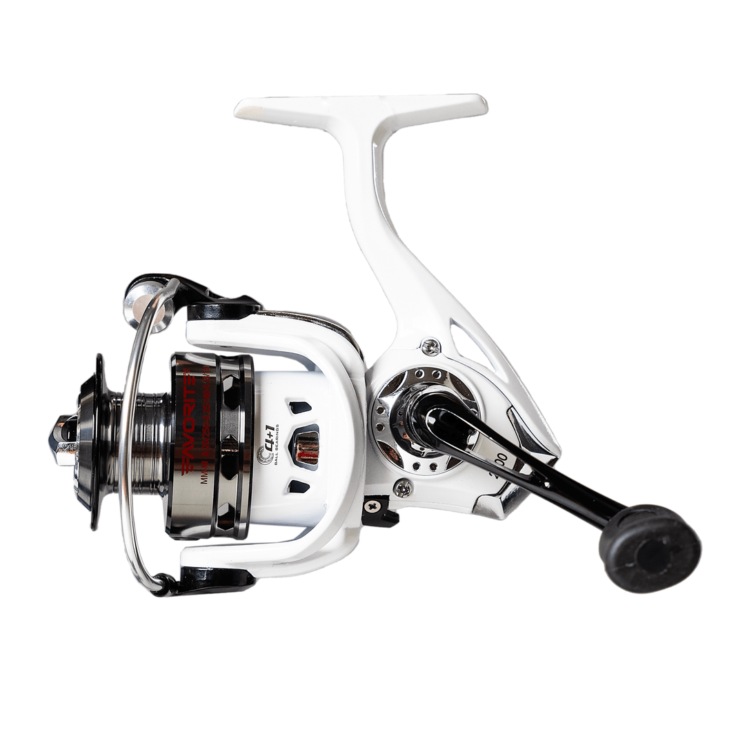 White Bird spinning reel by Favorite Fishing in retail packaging, showcasing the reel's design and packaging details.