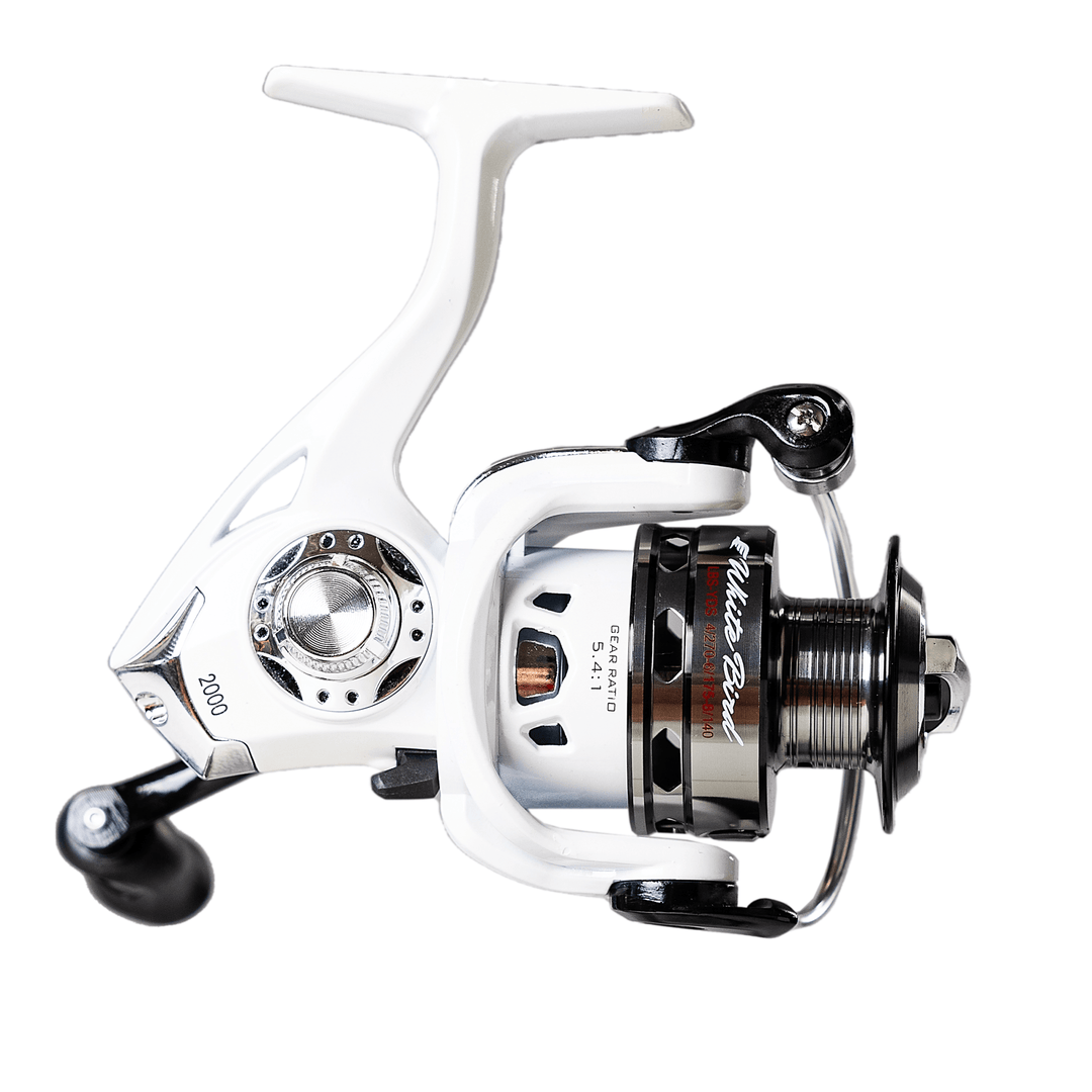 Favorite Fishing White Bird spinning reel in retail packaging, showcasing the compact and lightweight design for fishing enthusiasts.