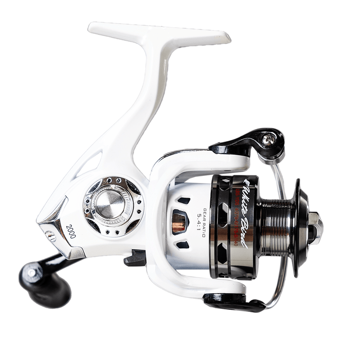 Favorite Fishing White Bird spinning reel in retail packaging, showcasing the compact and lightweight design for fishing enthusiasts.