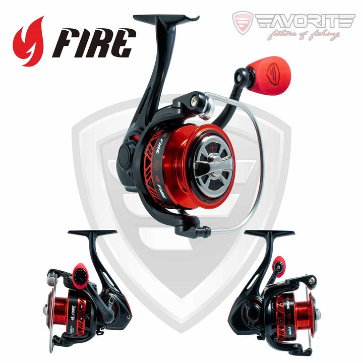 Favorite Fishing Fire Spinning Reel showing a close-up of the spinning reel with metal handle and spool against a neutral background.