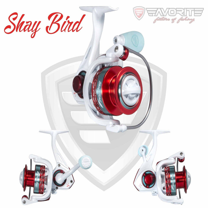 Favorite Fishing Shay Bird spinning reel shown, with metal body, handle, and line spool for freshwater fishing.