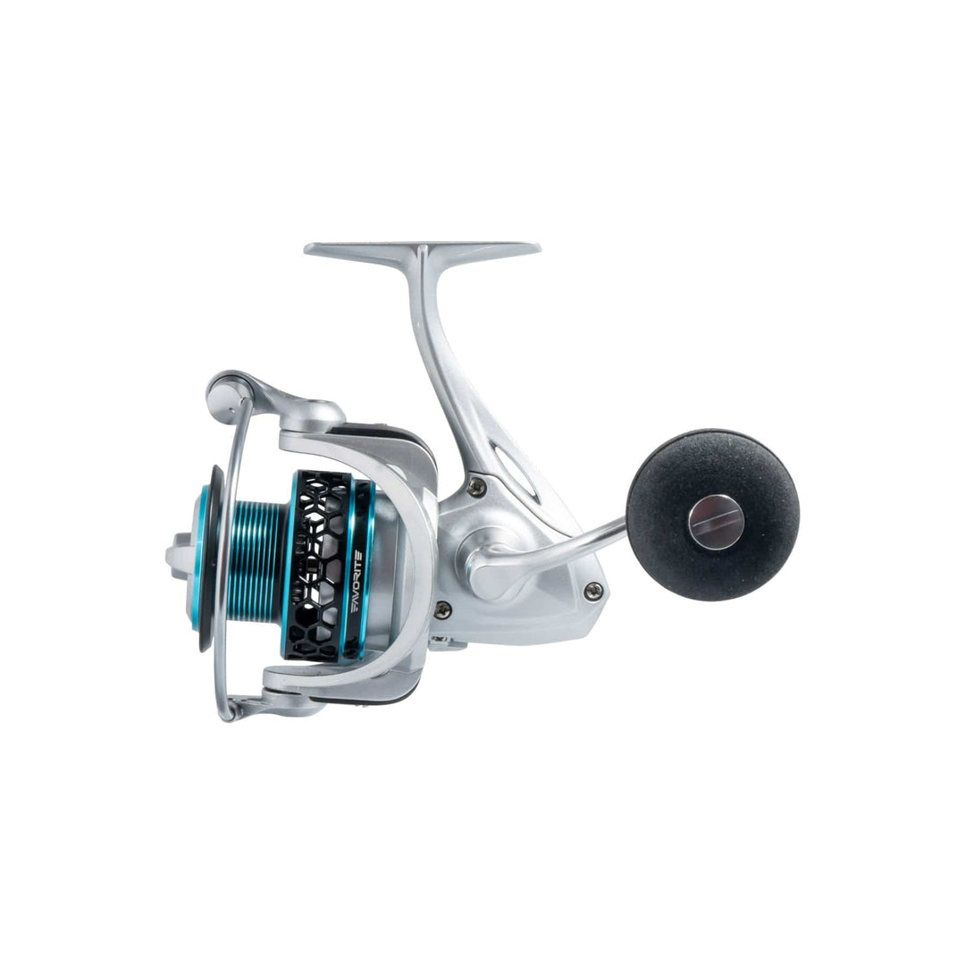 Favorite Fishing OL' Salty spinning reel with black and silver design, showcasing the durable construction and spool details.