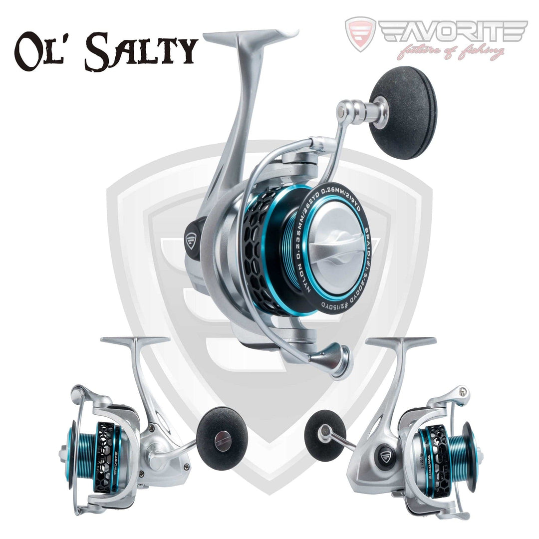 Favorite Fishing OL' Salty spinning reel, model OL3000, shown with metal body and smooth handle for saltwater fishing.