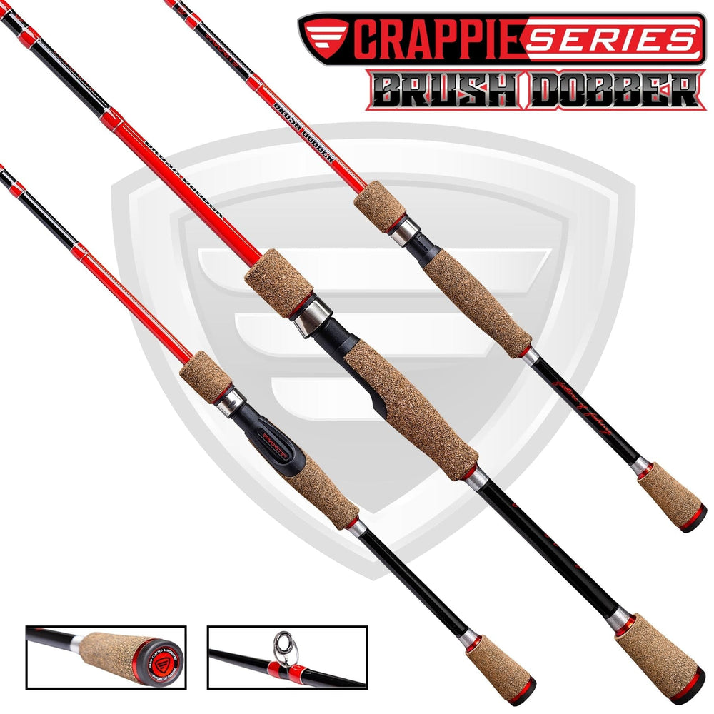 Favorite Fishing Brush Dobber Crappie Spinning Rod, 6-8 medium one-piece fishing rod with a sleek design and comfortable grip.