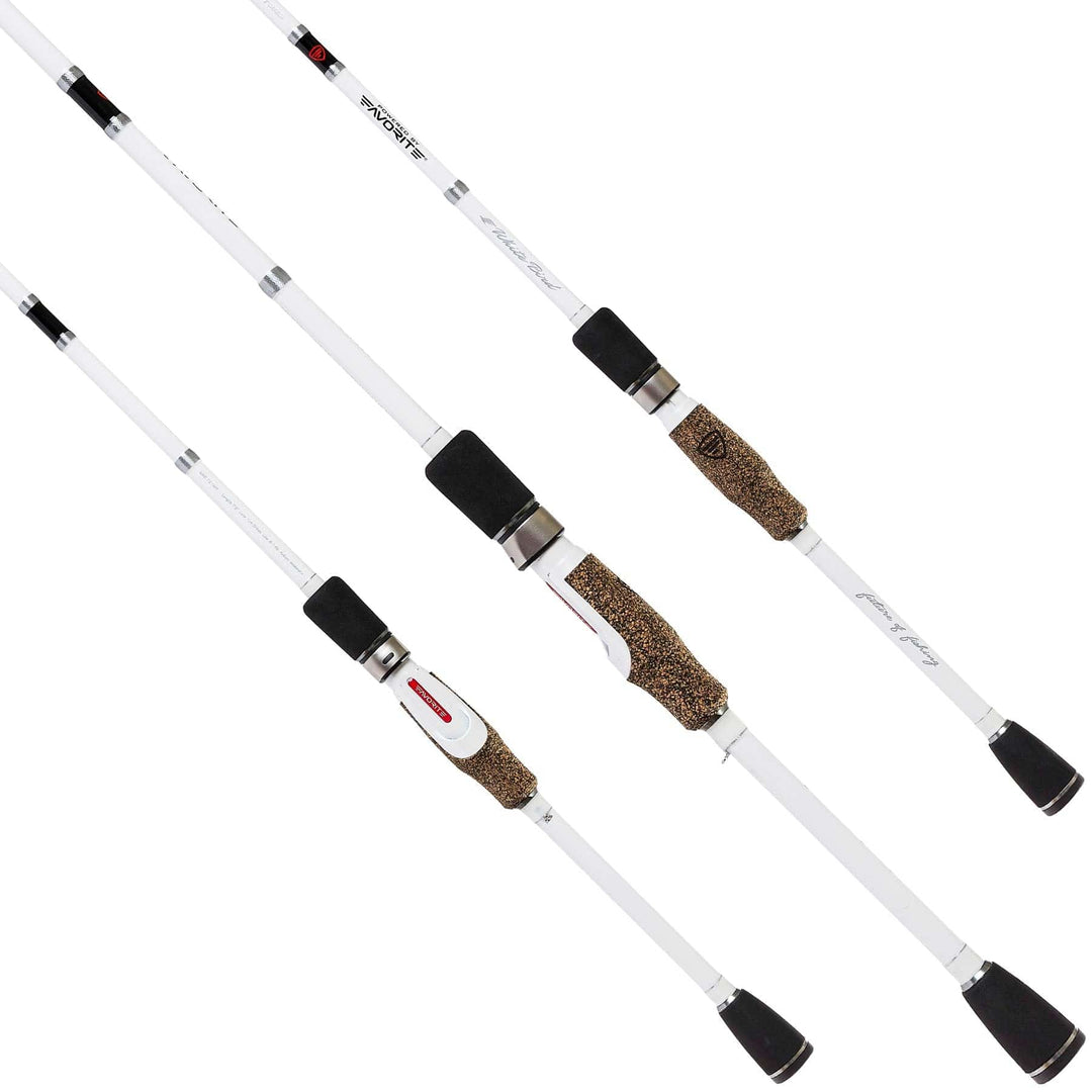Favorite Fishing White Bird spinning rod in 6-foot medium moderate action, shown with handle and reel seat for freshwater fishing.