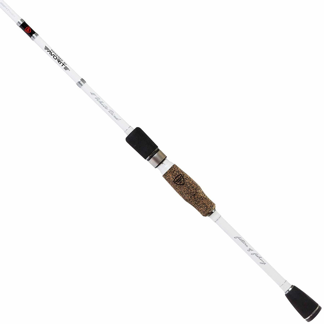 White Bird spinning rod by Favorite Fishing, 6-foot medium moderate spinning rod with a sleek white finish, ideal for versatile fishing.