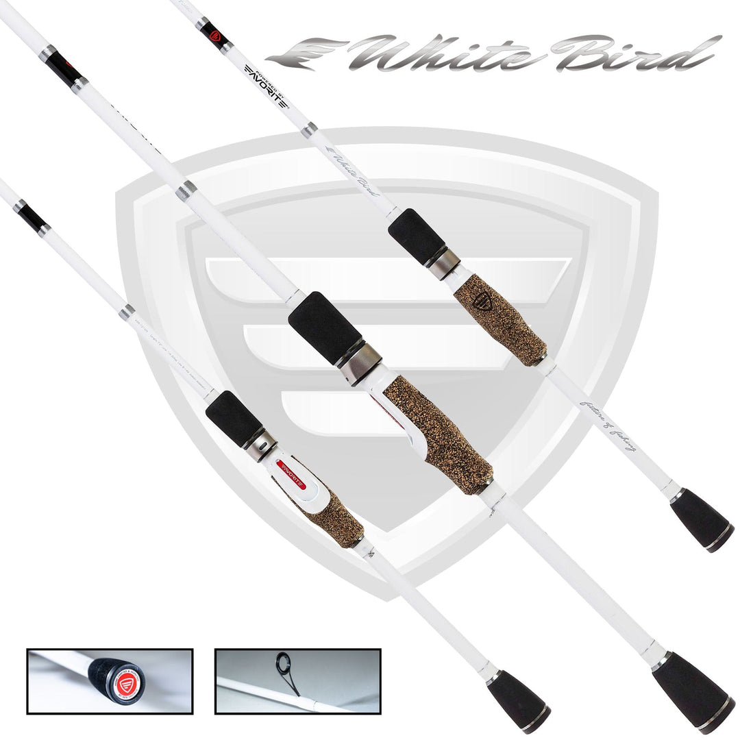 White Bird spinning rod by Favorite Fishing, 6-foot medium moderate spinning rod with a sleek white finish for freshwater fishing.