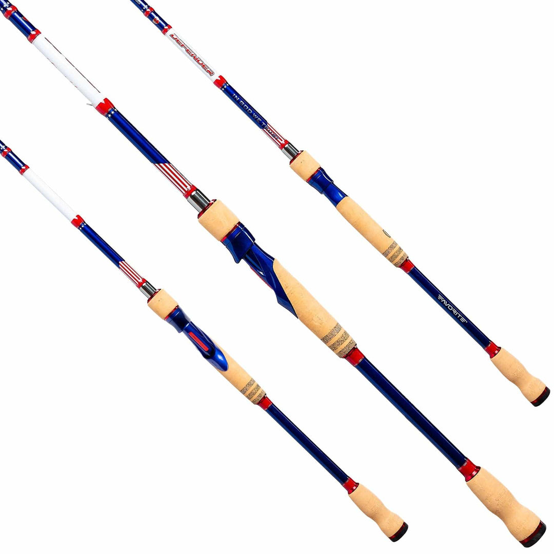 Favorite Fishing Defender Spinning Rod, 6'6" medium-heavy spinning rod with black and red design, suitable for freshwater fishing.