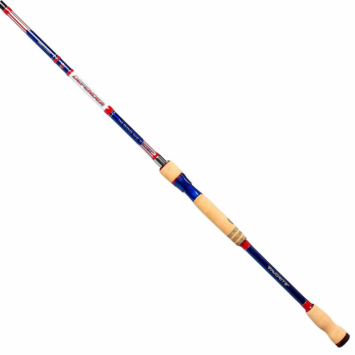 Favorite Fishing Defender Spinning Rod, 6'6" medium-heavy, lightweight fishing rod with EVA handle and graphite blank.