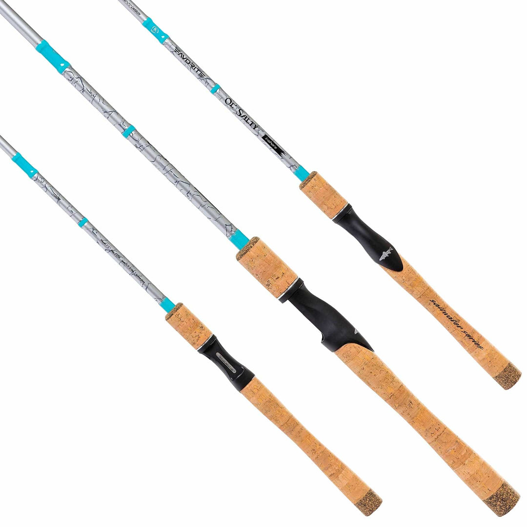 Favorite Fishing OL' Salty Spinning Rod, 7'3" medium-fast action, used for freshwater and saltwater fishing.
