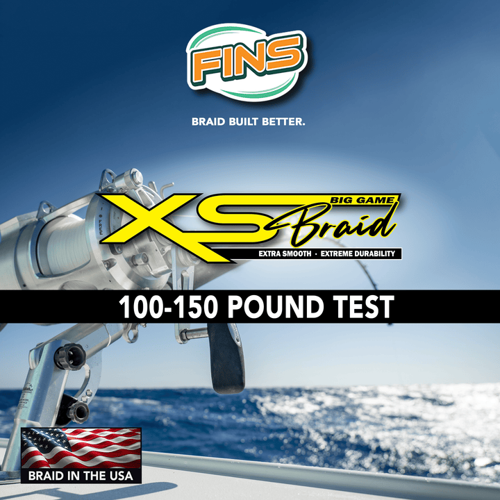 Blue XS Big Game Fishing Braid by FINS Braids, 100 lb test, 150 yards, durable fishing line for heavy-duty saltwater fishing.