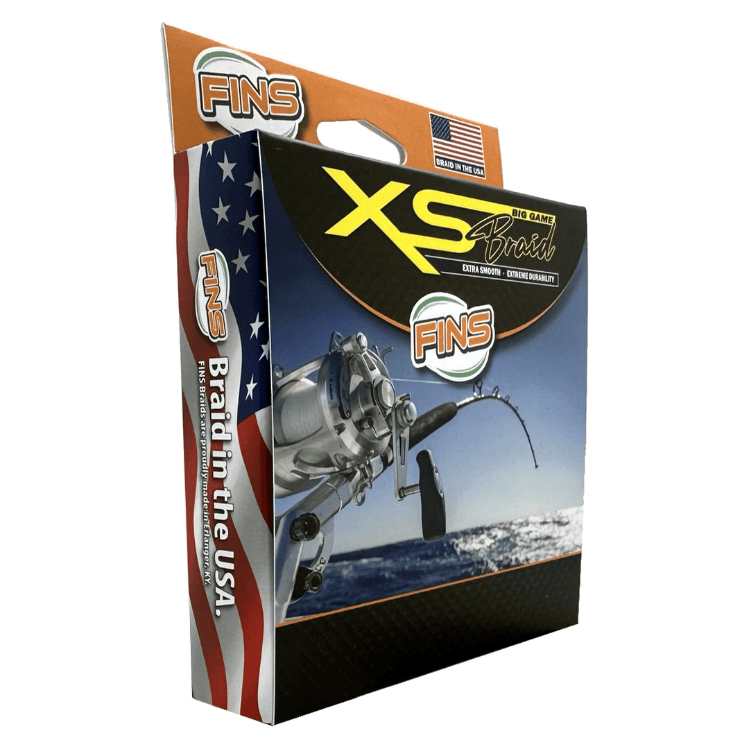 Blue XS Big Game Fishing Braid by FINS Braids, 40-80lb fishing line, shown coiled and ready for heavy-duty fishing.