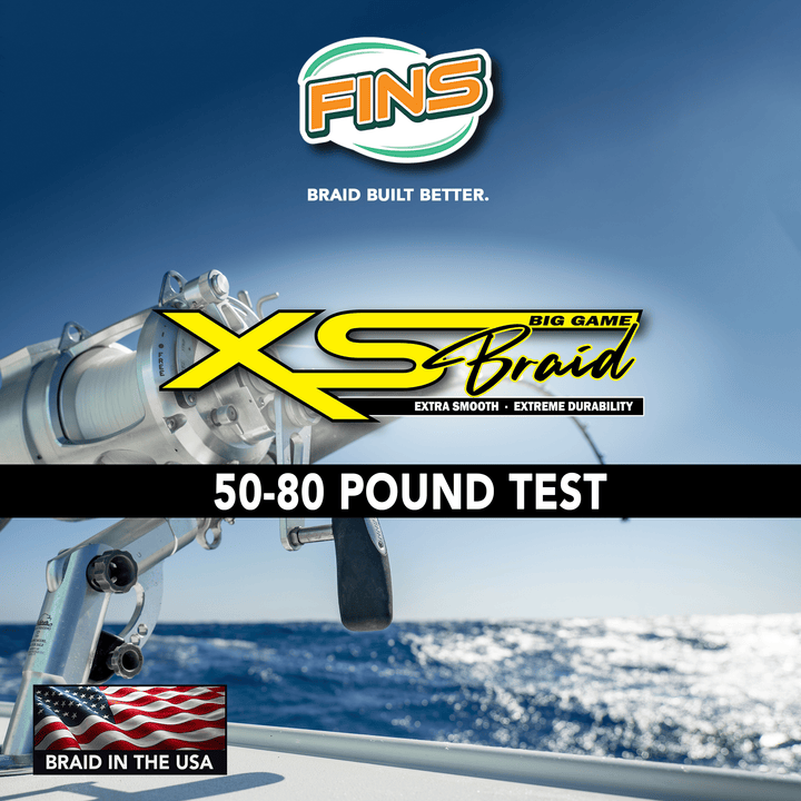 Blue XS Big Game Fishing Braid from FINS Braids, 40-80lb, durable fishing line for heavy-duty saltwater fishing.