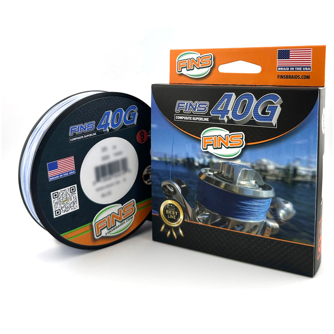 Blue FINS Braids 40G fishing line spool with 65-100 lb. test, designed for strong, durable fishing with high-quality braid.