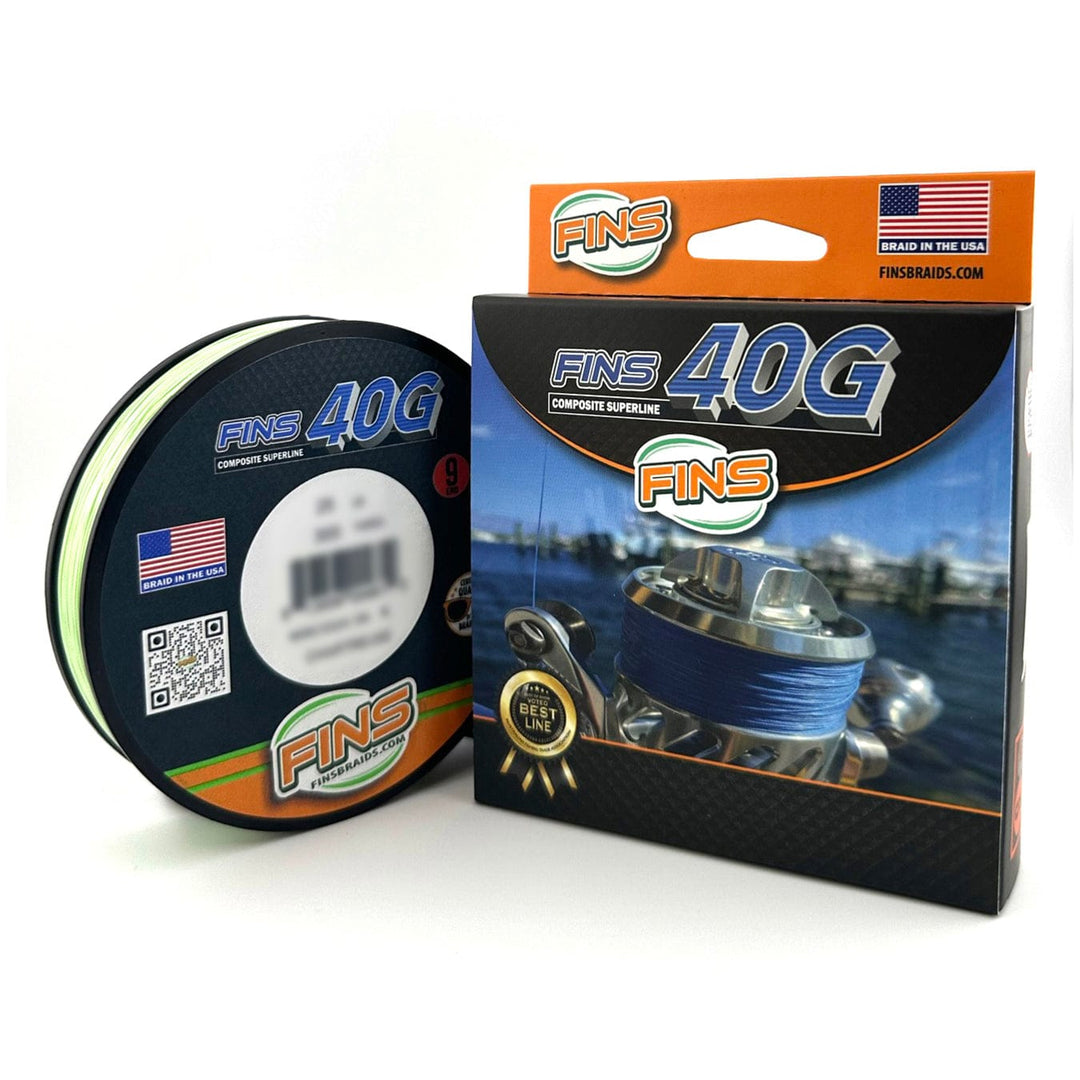Chartreuse FINS Braids 40G fishing line spool, 65-100 lb. strength, made for durable fishing with high visibility and strong performance.