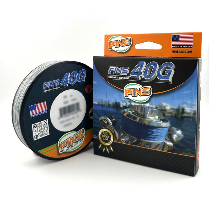 FINS Braids 40G green fishing braid line on spool, 65-100 lb strength for heavy-duty fishing applications.
