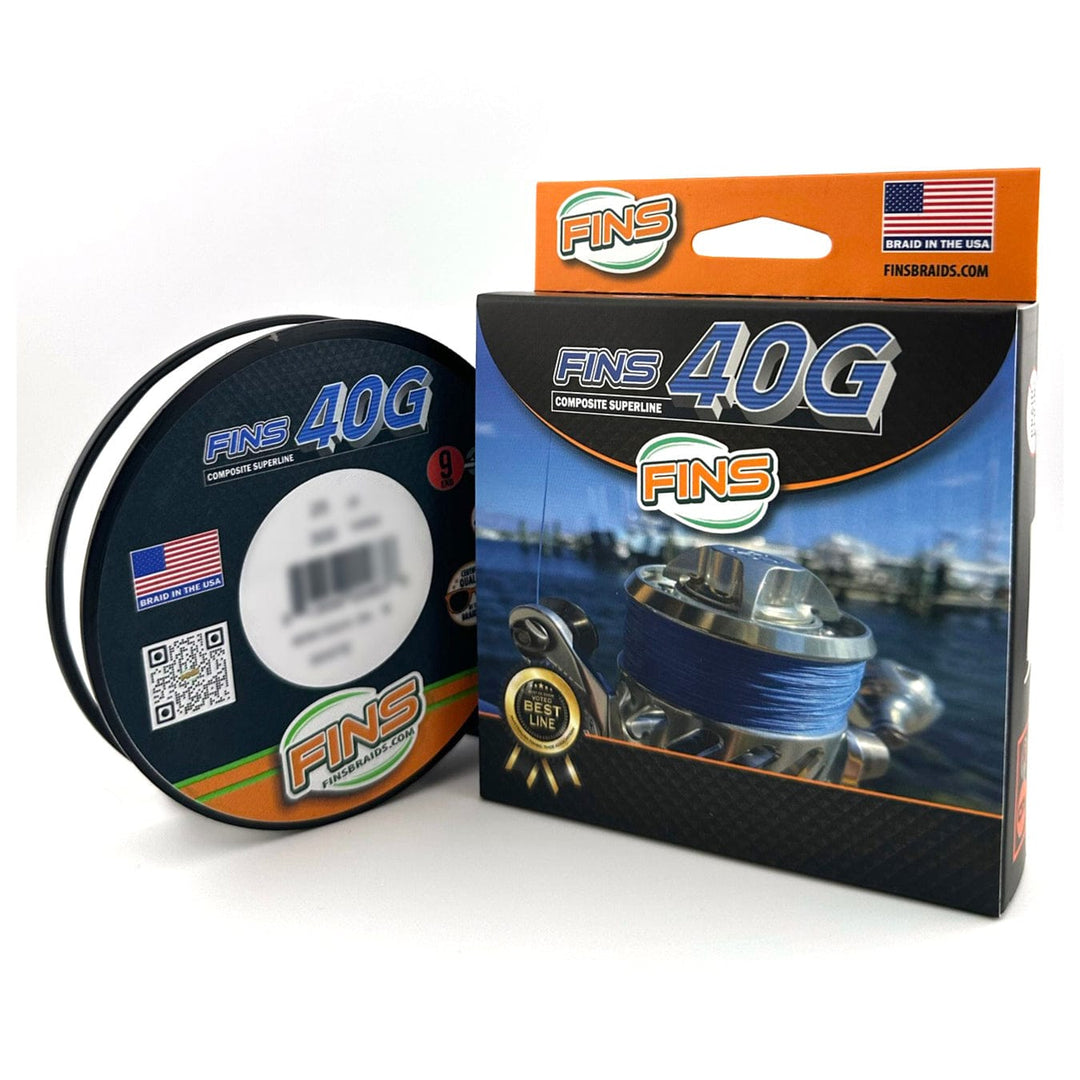 FINS Braids 40G white fishing line spool with 65-100 lb. test strength, suitable for heavy-duty fishing and durable line performance.