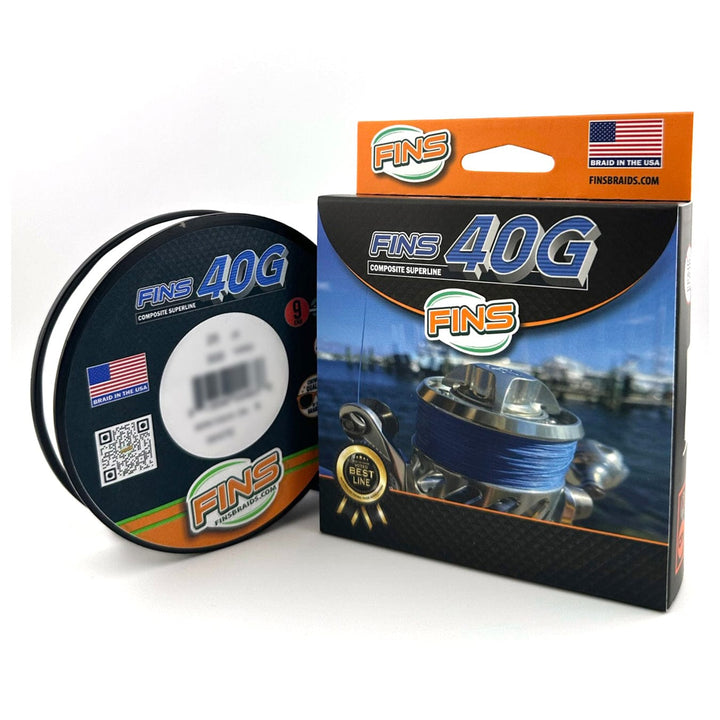 FINS Braids 40G white fishing line spool with 65-100 lb. test strength, suitable for heavy-duty fishing and durable line performance.
