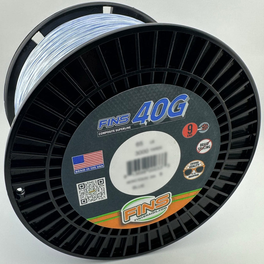 Blue FINS Braids 40G fishing line spool, 65-100 lb. braided fishing line with durable, high-strength design for heavy-duty fishing.