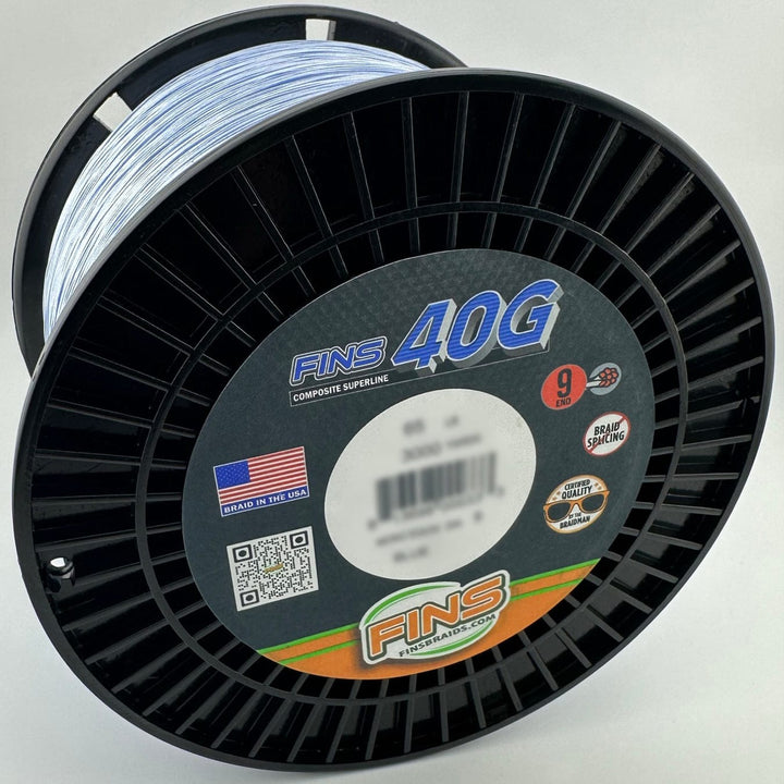 Blue FINS Braids 40G fishing line spool, 65-100 lb. braided fishing line with durable, high-strength design for heavy-duty fishing.