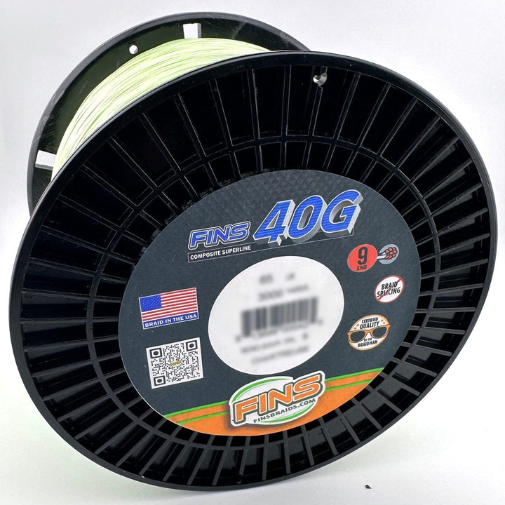 FINS Braids 40G chartruese fishing line spool, 65-100 lb. braided fishing line for heavy-duty angling, shown on large spool