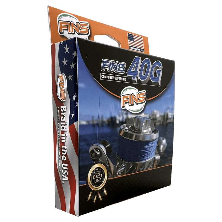 FINS Braids 40G fishing braid line, 65-100 lb. strength, close-up of the spool showing the tightly wound, durable braided fishing line.