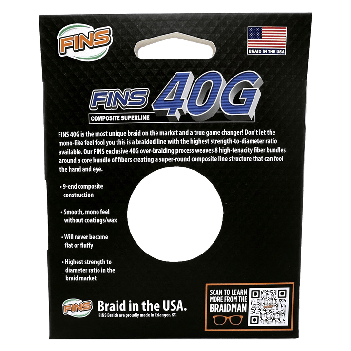 FINS Braids 40G fishing line with 65-100 lb. braid, showing the spool and vibrant blue color for heavy-duty freshwater or saltwater fishing.