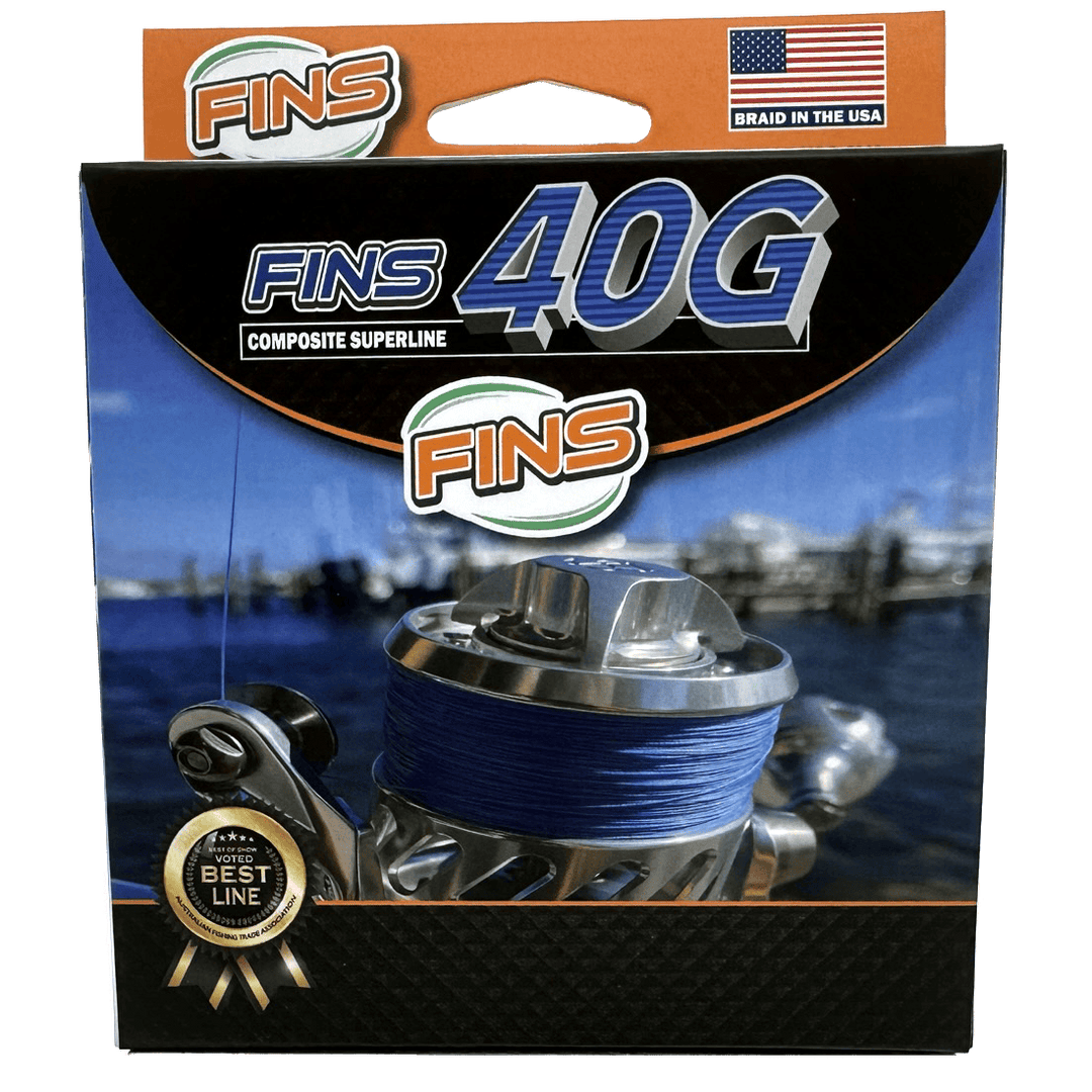 FINS Braids 40G fishing braid line, 65-100 lb strength, close-up of the 40G model showcasing the durable, high-performance fishing line