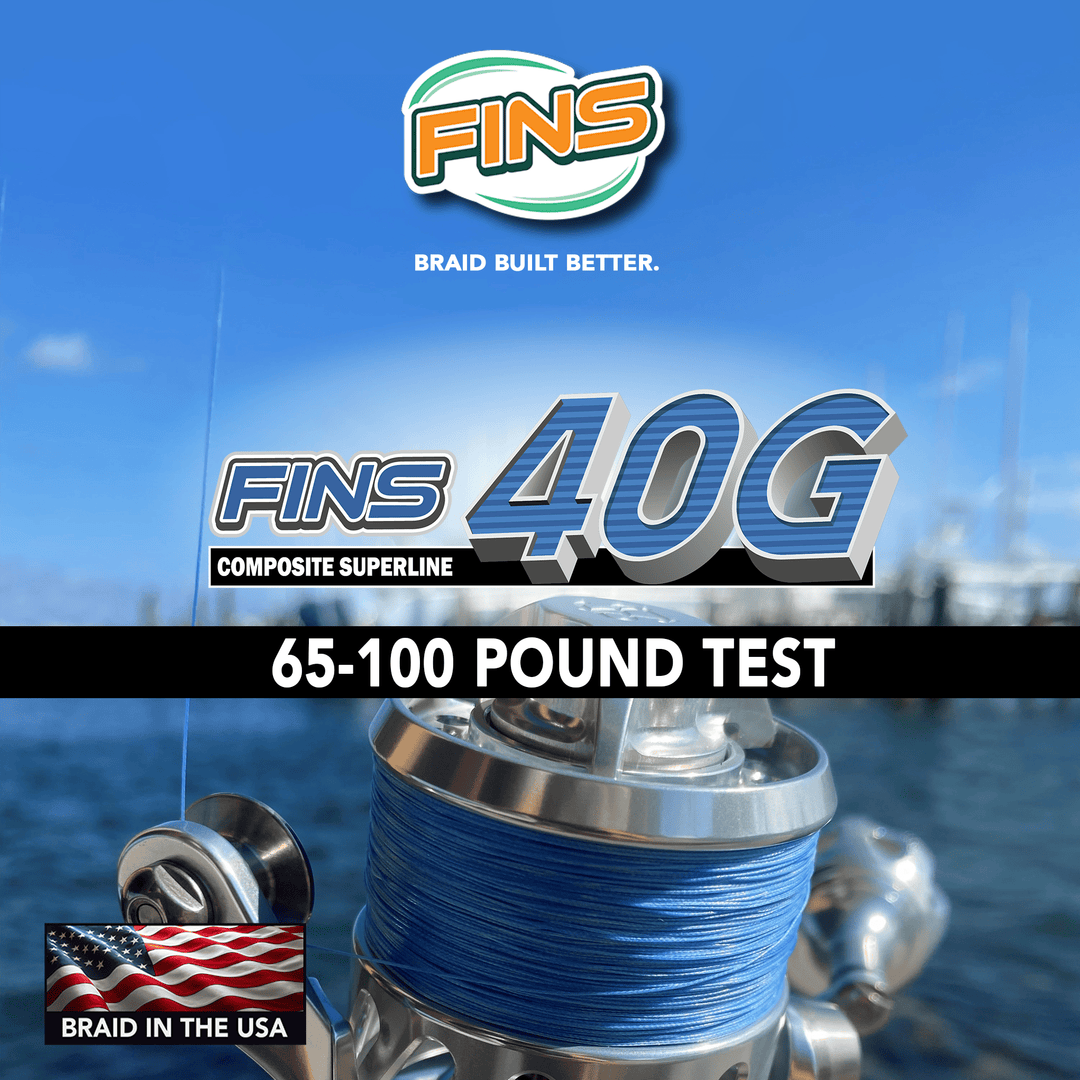 FINS Braids 40G fishing braided line, 65-100 lb test, close-up of the high-strength fishing line in a spool.