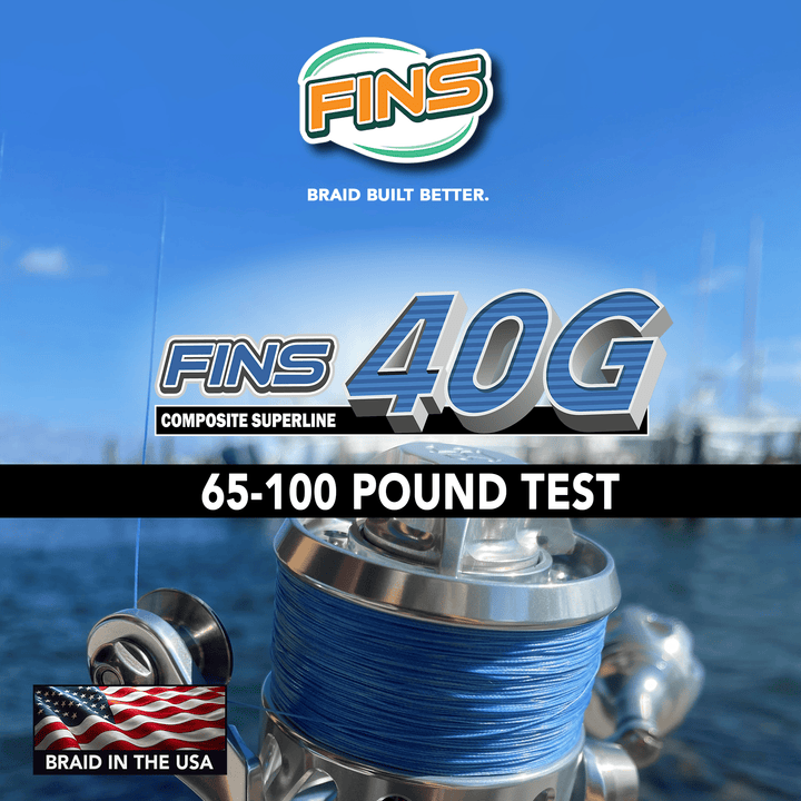 FINS Braids 40G fishing braided line, 65-100 lb test, close-up of the high-strength fishing line in a spool.