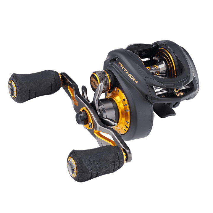 Penn Fathom Low Profile Baitcast Reel, Fisherman's Headquarters, showcasing the reel's compact design and ergonomic handle.