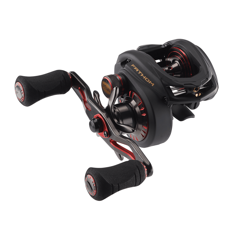 Penn Fathom Low Profile Baitcast Reel with black handle and compact design, ideal for freshwater fishing.