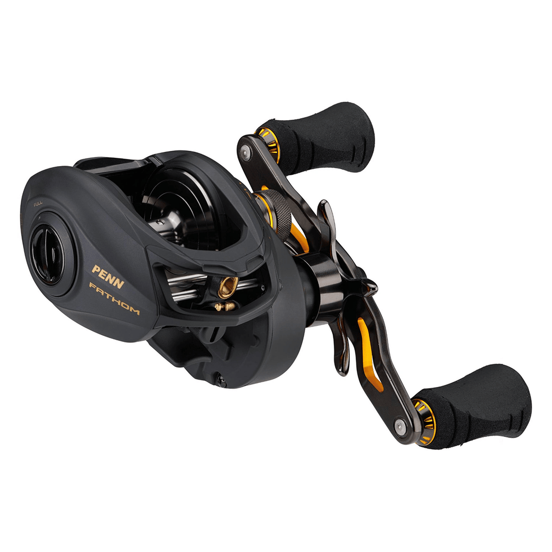 Penn Fathom Low Profile Baitcast Reel with compact design and ergonomic handle, ideal for freshwater fishing.