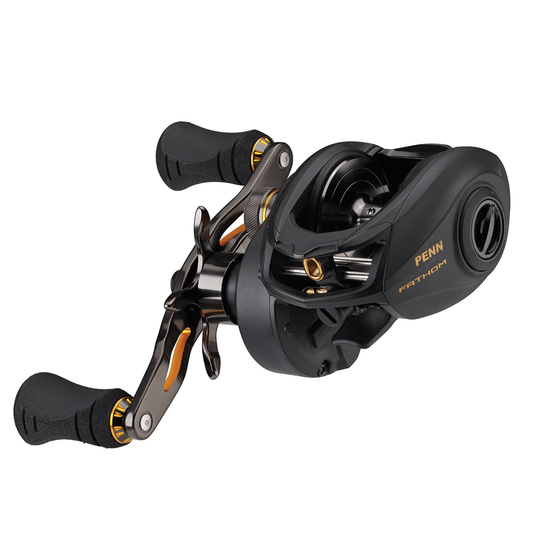 Penn Fathom Low Profile Baitcast Reel, compact fishing reel with ergonomic design and durable construction for freshwater and saltwater fishing.