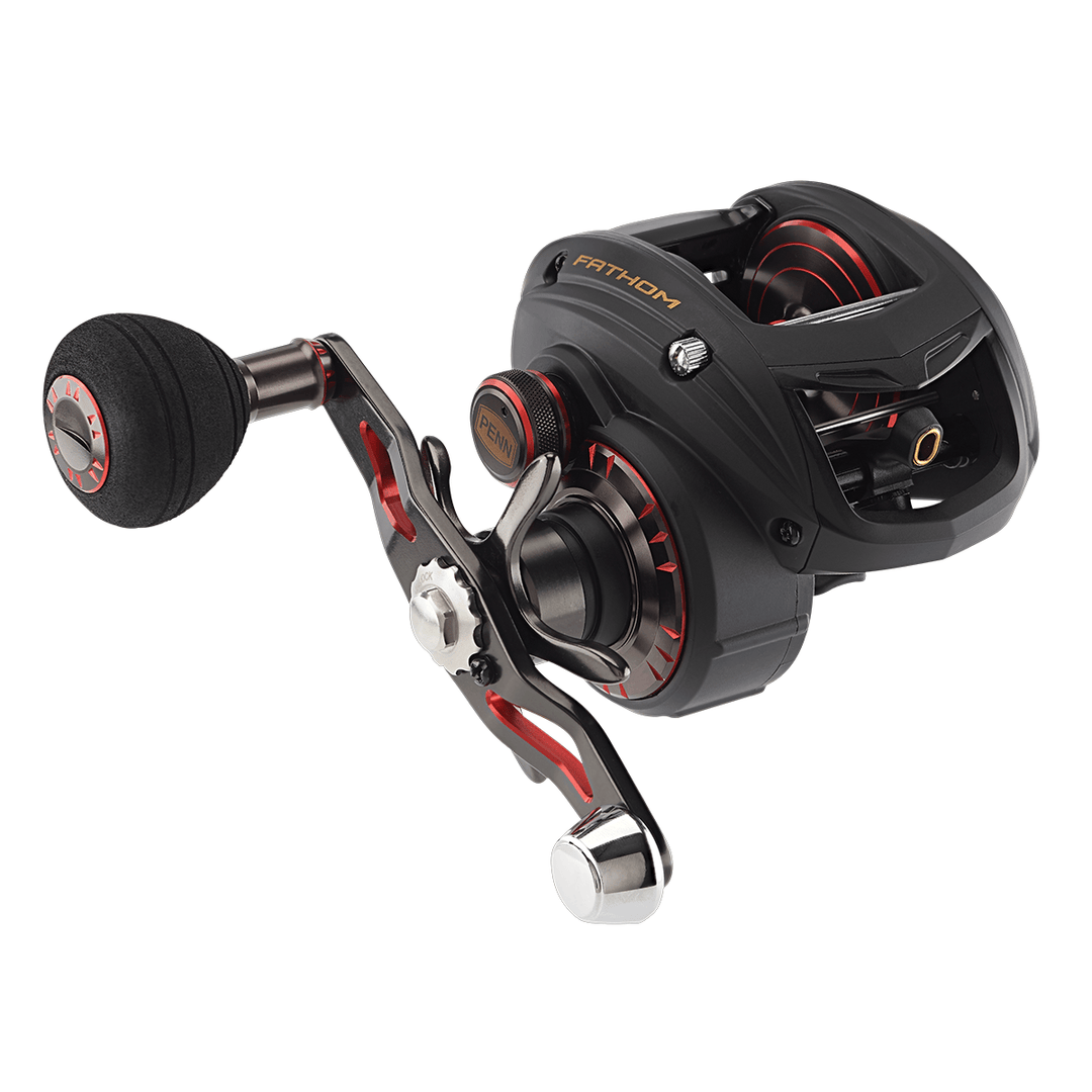 Penn Fathom Low Profile Baitcast Reel, Fisherman's Headquarters, black and silver design with handle and spool visible.