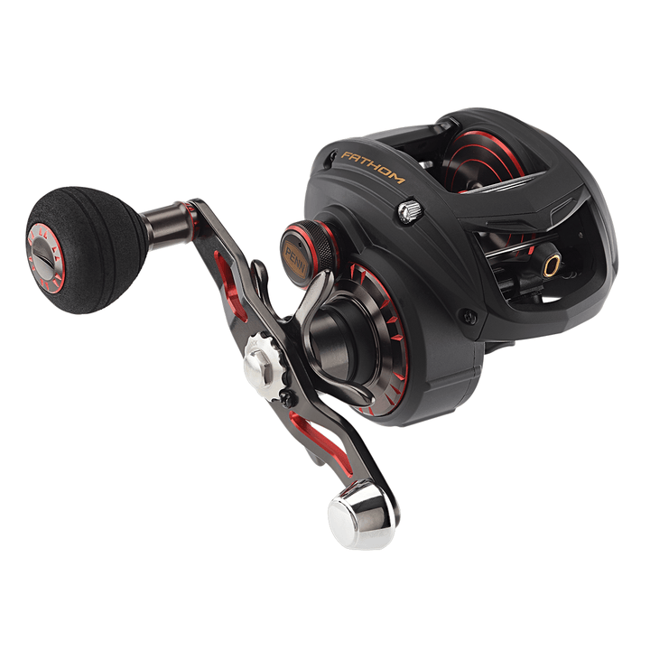 Penn Fathom Low Profile Baitcast Reel, Fisherman's Headquarters, black and silver design with handle and spool visible.
