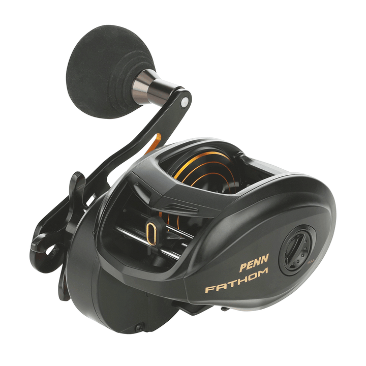 Penn Fathom Low Profile Baitcast Reel by Fisherman's Headquarters with sleek design and ergonomic handle for smooth casting.