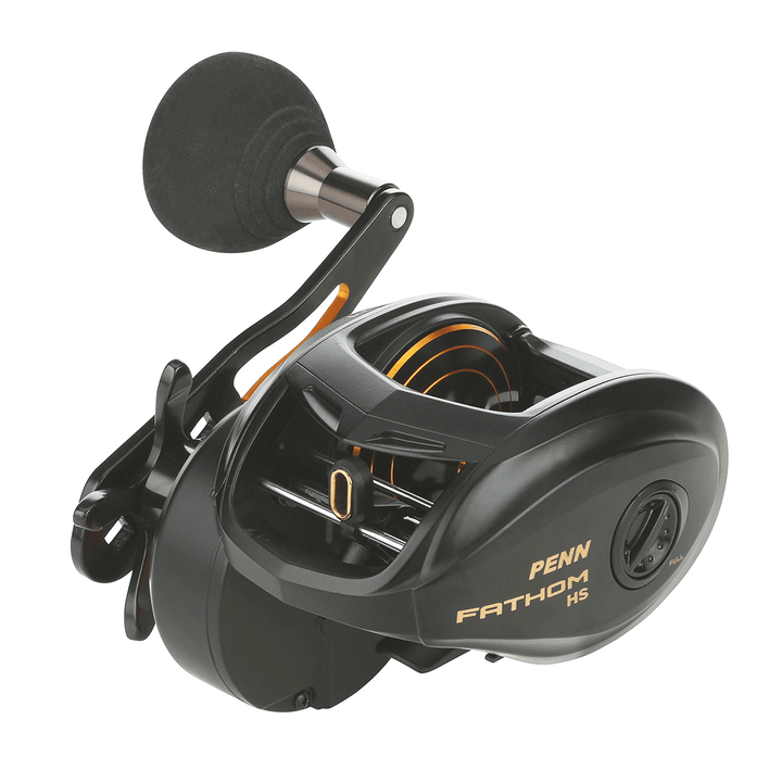 Penn Fathom Low Profile Baitcast Reel by Fisherman's Headquarters, close-up of the reel showing handle and spool in detail.
