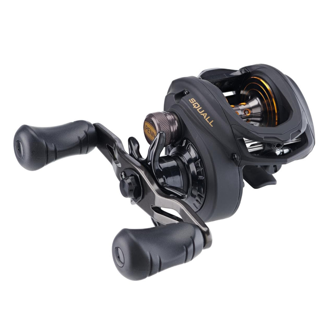 Penn Squall Low Profile Baitcast Reel, close-up of the fishing reel with black and silver finish and ergonomic handle.